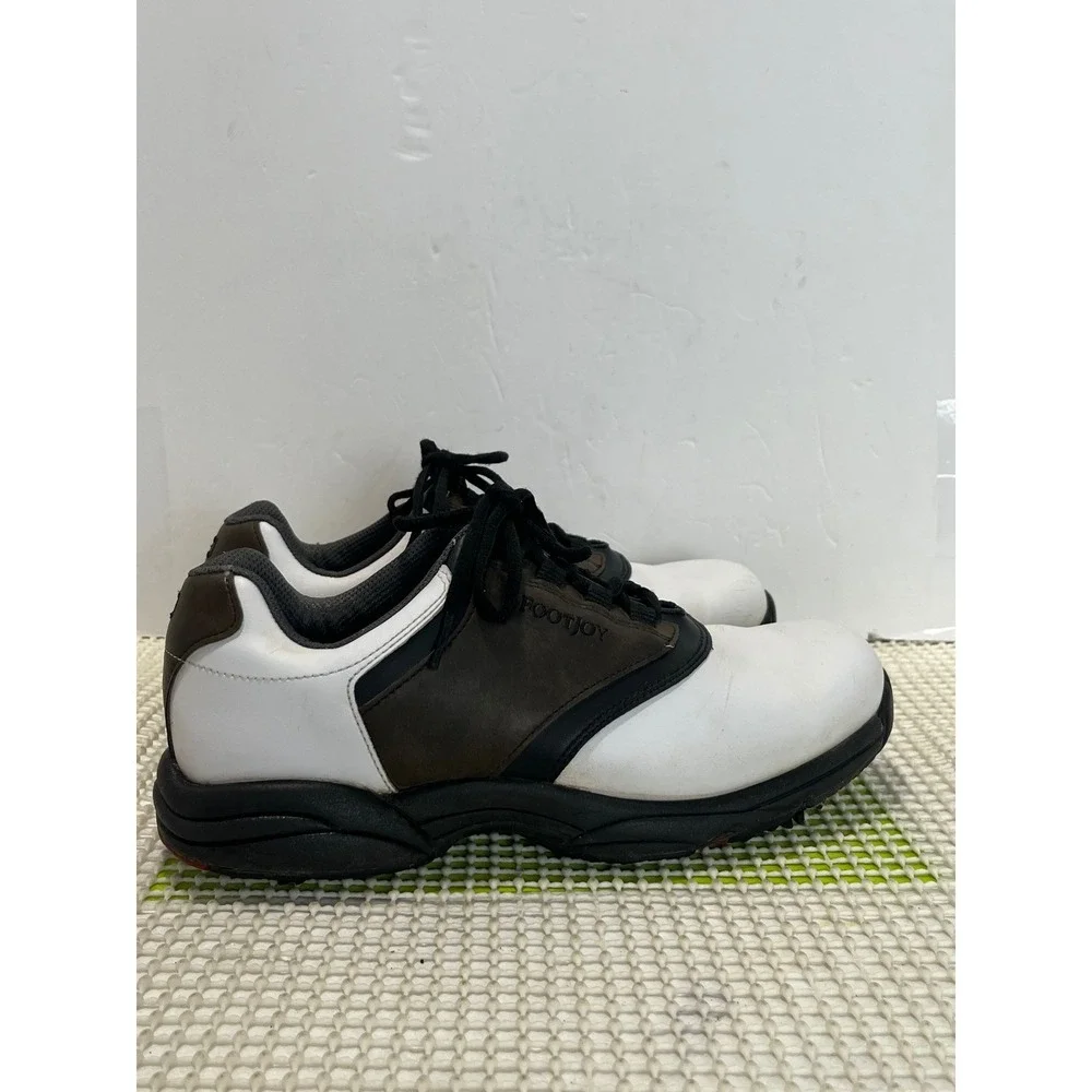 FootJoy GreenJoys Golf Shoes Men's 8.5 Wide White Brown Black Spiked 45516 GOOD